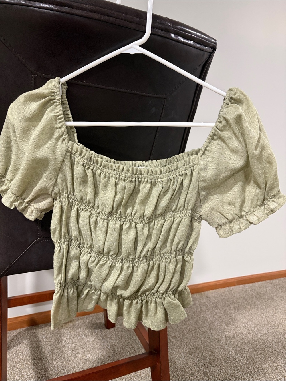 FAVLUX Sage Green Smocked Off-Shoulder Crop Top
